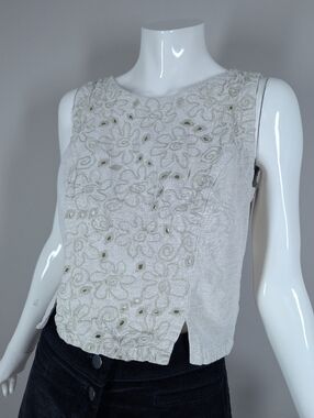 Lace Works embroidered linen blend top sleeveless floral boho blouse